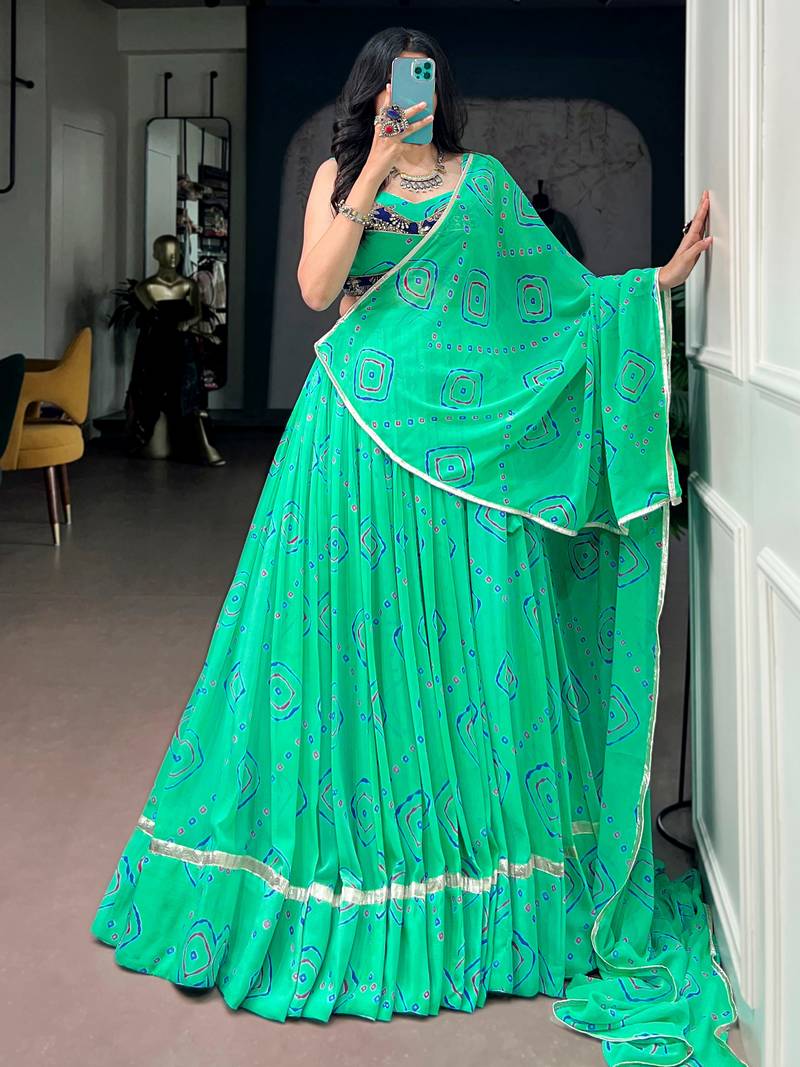 Classic Aqua Green Bandhej Printed Georgette Navratri Wear Lehenga Choli