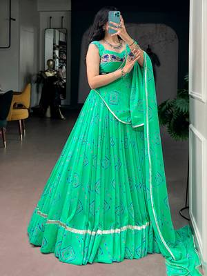 Classic Aqua Green Bandhej Printed Georgette Navratri Wear Lehenga Choli 3