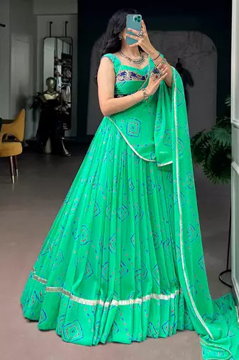 Classic Aqua Green Bandhej Printed Georgette Navratri Wear Lehenga Choli