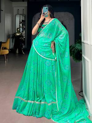 Classic Aqua Green Bandhej Printed Georgette Navratri Wear Lehenga Choli 4