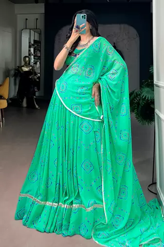 Classic Aqua Green Bandhej Printed Georgette Navratri Wear Lehenga Choli