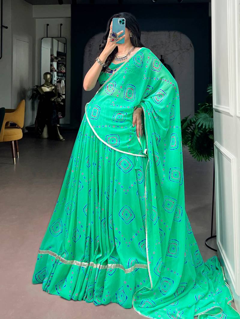 Classic Aqua Green Bandhej Printed Georgette Navratri Wear Lehenga Choli