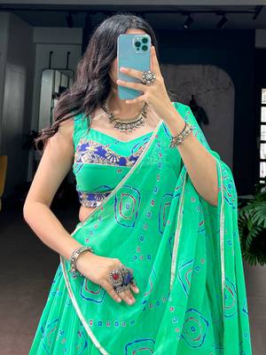 Classic Aqua Green Bandhej Printed Georgette Navratri Wear Lehenga Choli 5