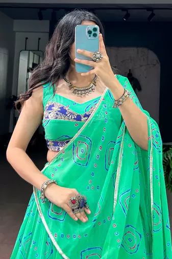 Classic Aqua Green Bandhej Printed Georgette Navratri Wear Lehenga Choli