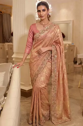 Pink clr Beads work kanjiwaram silk blend saree