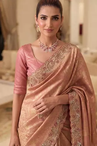 Pink clr Beads work kanjiwaram silk blend saree