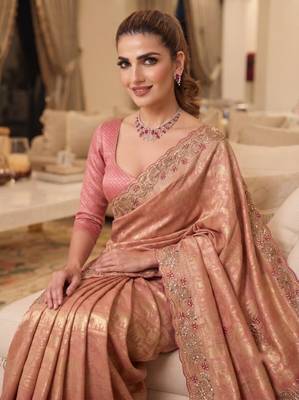 Pink clr Beads work kanjiwaram silk blend saree 3