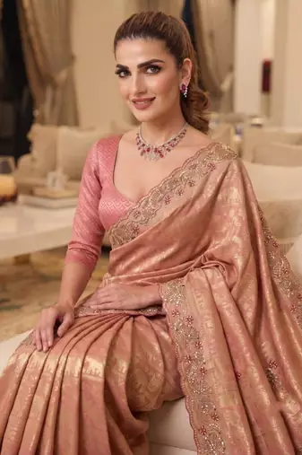 Pink clr Beads work kanjiwaram silk blend saree