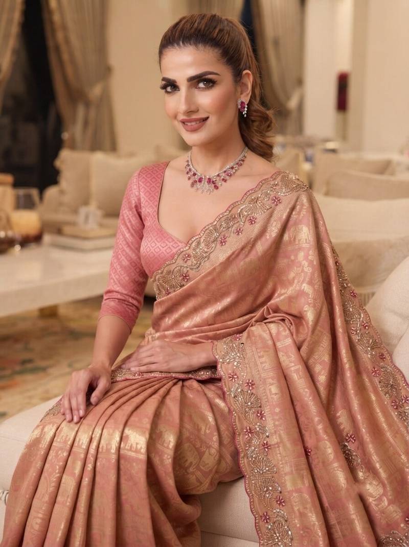 Pink clr Beads work kanjiwaram silk blend saree