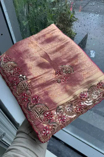Pink clr Beads work kanjiwaram silk blend saree