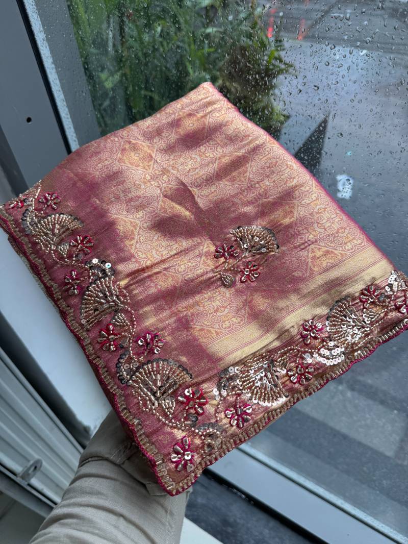 Pink clr Beads work kanjiwaram silk blend saree