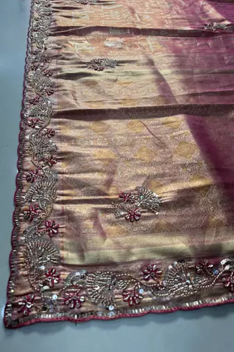 Pink clr Beads work kanjiwaram silk blend saree