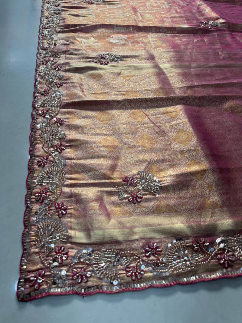 Pink clr Beads work kanjiwaram silk blend saree