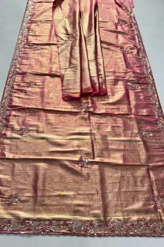 Pink clr Beads work kanjiwaram silk blend saree