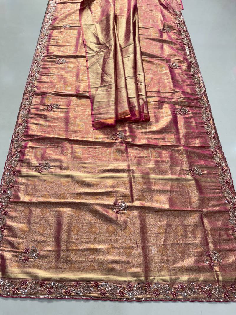 Pink clr Beads work kanjiwaram silk blend saree