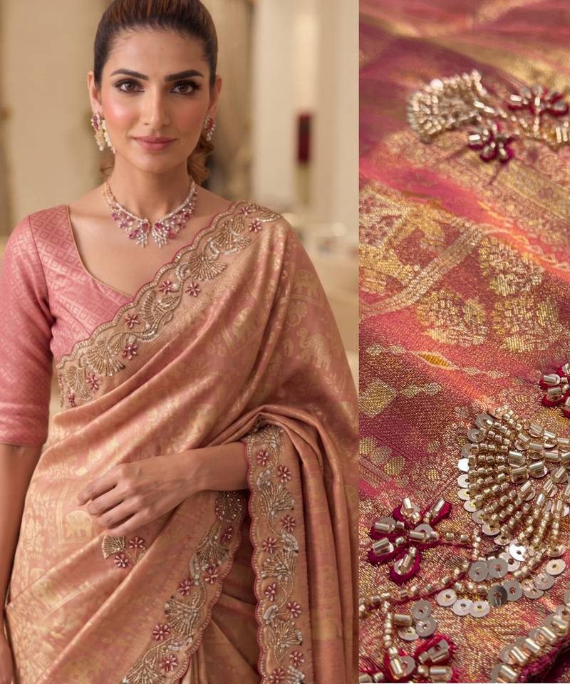 Pink clr Beads work kanjiwaram silk blend saree