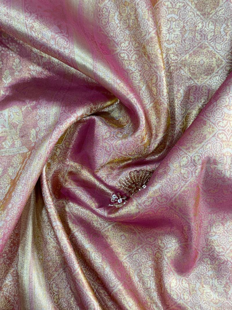 Pink clr Beads work kanjiwaram silk blend saree