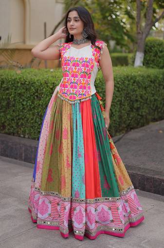 Lovely Multi-Color Cotton Navratri Wear Lehenga With Gamthi Work Choli