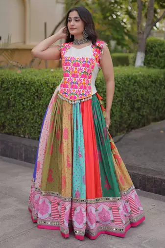 Lovely Multi-Color Cotton Navratri Wear Lehenga With Gamthi Work Choli
