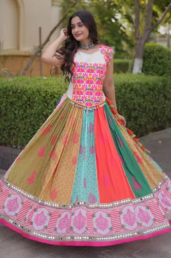 Lovely Multi-Color Cotton Navratri Wear Lehenga With Gamthi Work Choli