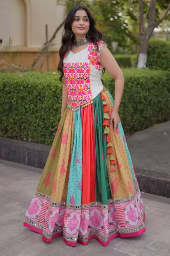 Lovely Multi-Color Cotton Navratri Wear Lehenga With Gamthi Work Choli