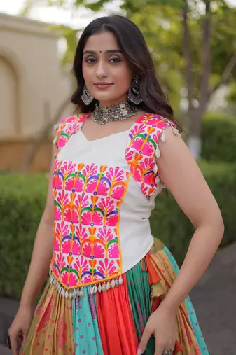 Lovely Multi-Color Cotton Navratri Wear Lehenga With Gamthi Work Choli