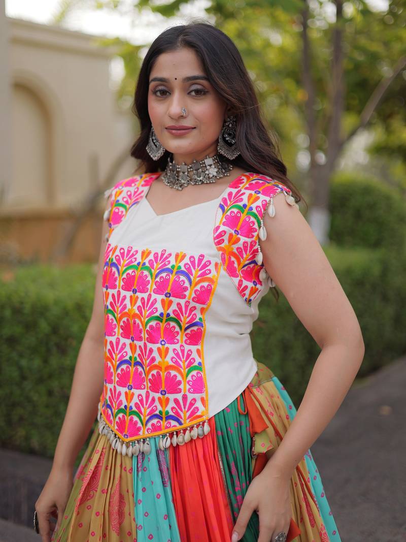 Lovely Multi-Color Cotton Navratri Wear Lehenga With Gamthi Work Choli