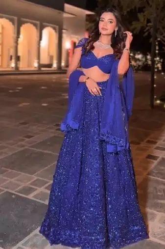 Royal Blue Faux Georgette Embroidered Lehenga Set