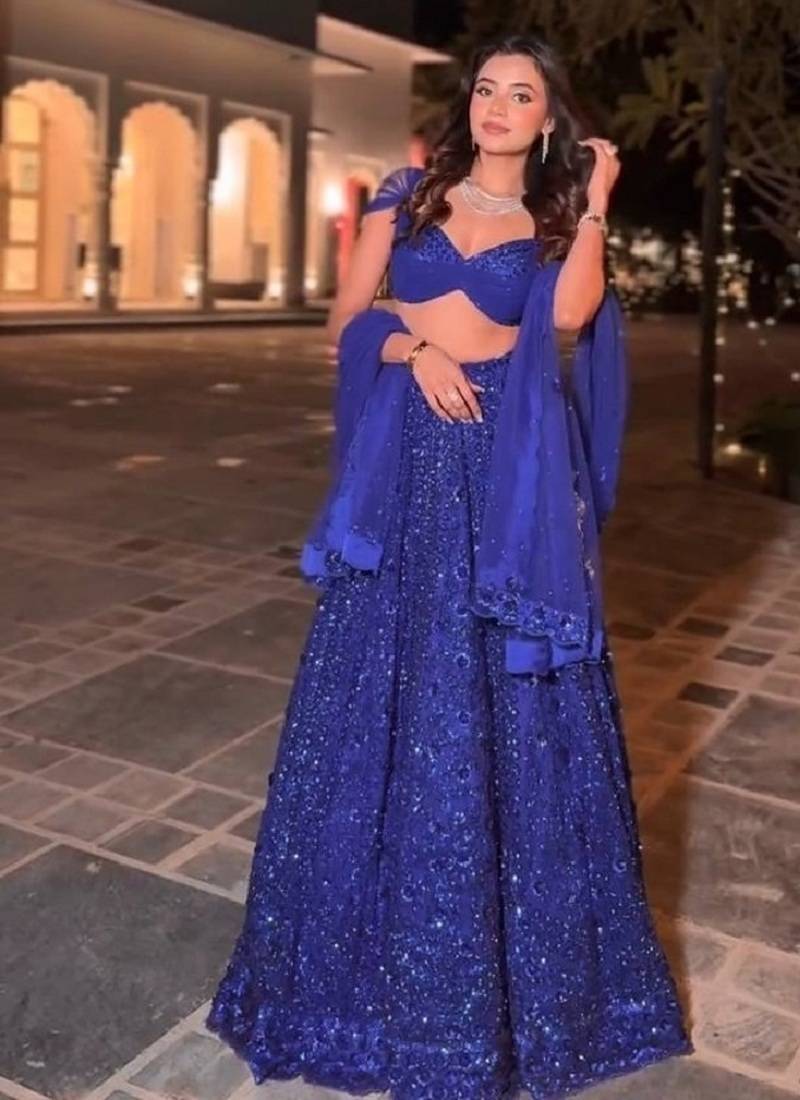 Royal Blue Faux Georgette Embroidered Lehenga Set