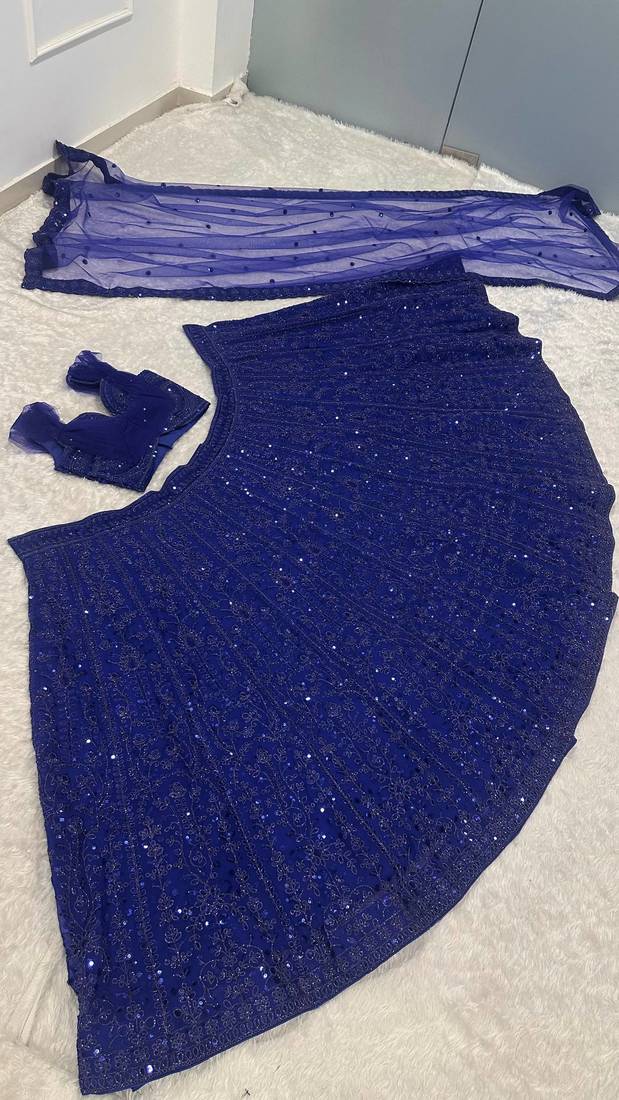 Royal Blue Faux Georgette Embroidered Lehenga Set
