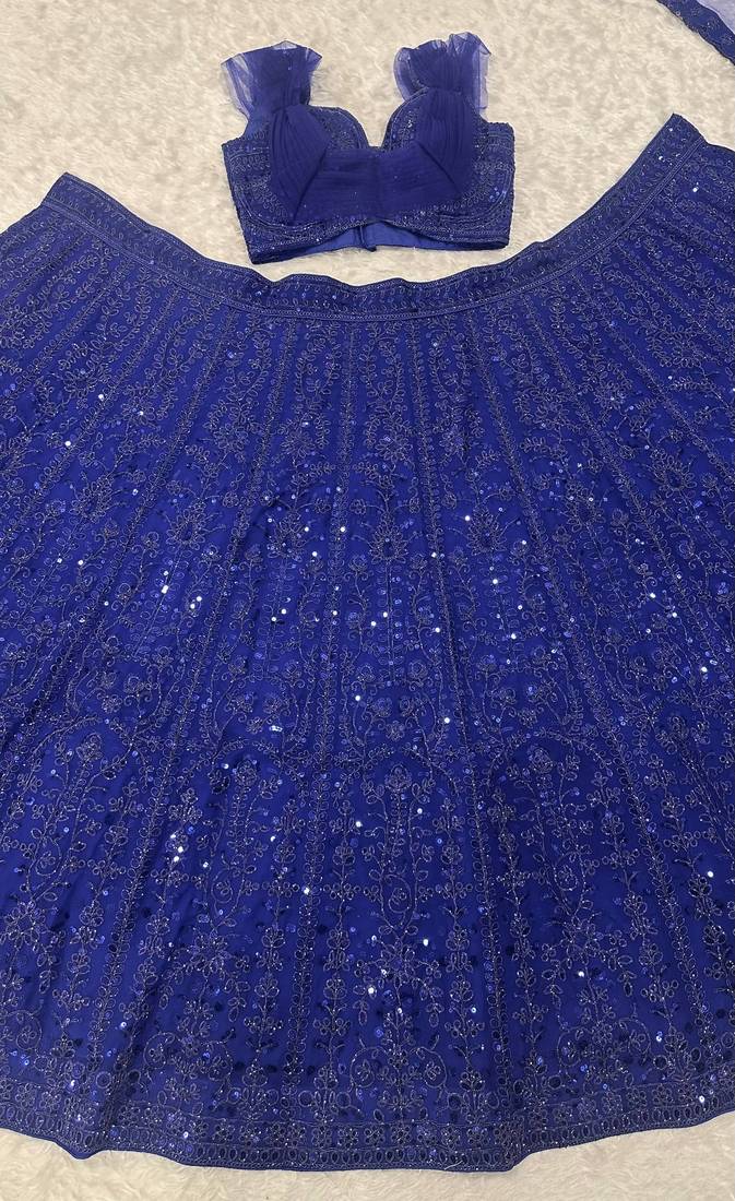 Royal Blue Faux Georgette Embroidered Lehenga Set