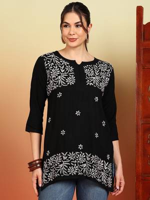 Women black ethnic motifs embroidered lucknowi chikankari short kurtis 1