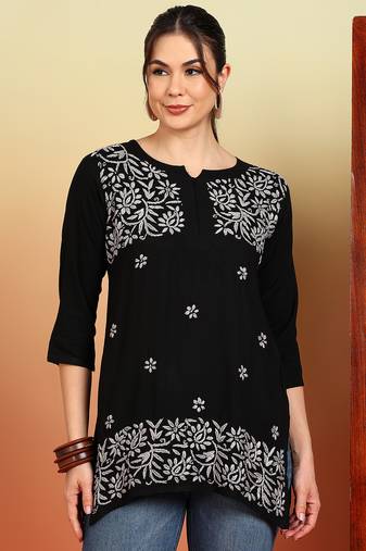 Women black ethnic motifs embroidered lucknowi chikankari short kurtis
