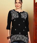 Women black ethnic motifs embroidered lucknowi chikankari short kurtis