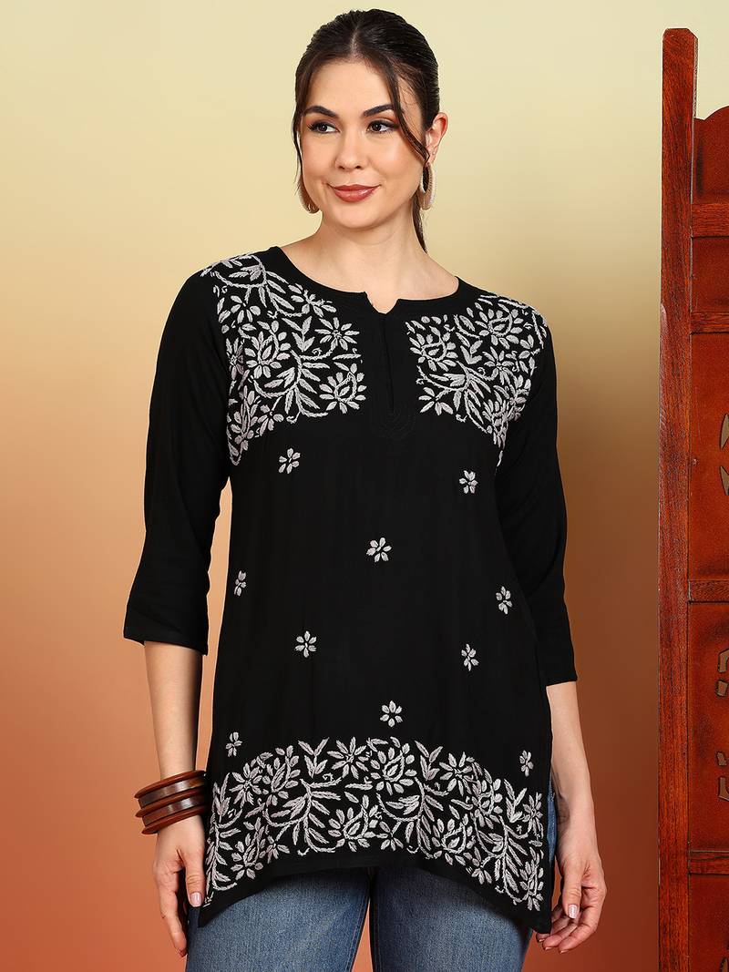 Women black ethnic motifs embroidered lucknowi chikankari short kurtis