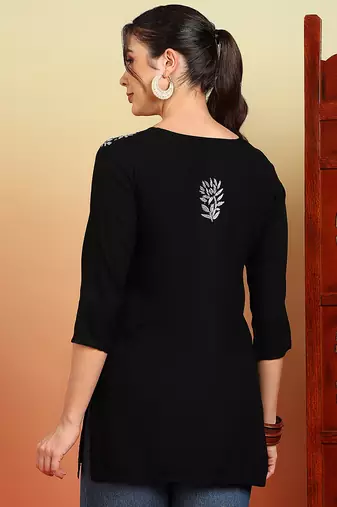 Women black ethnic motifs embroidered lucknowi chikankari short kurtis