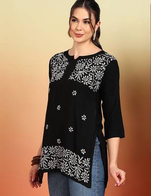 Women black ethnic motifs embroidered lucknowi chikankari short kurtis 3