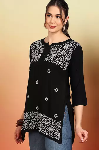 Women black ethnic motifs embroidered lucknowi chikankari short kurtis