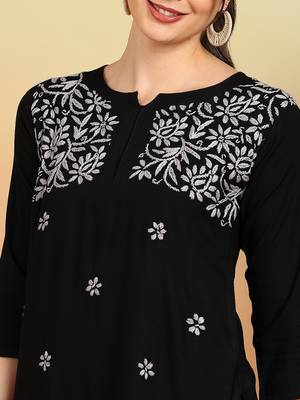 Women black ethnic motifs embroidered lucknowi chikankari short kurtis 4