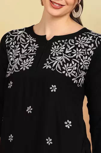 Women black ethnic motifs embroidered lucknowi chikankari short kurtis