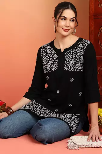 Women black ethnic motifs embroidered lucknowi chikankari short kurtis