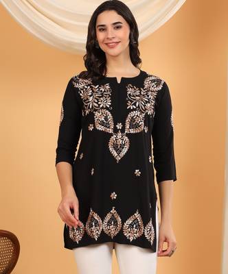 Women black ethnic motifs embroidered lucknowi chikankari short kurtis 1