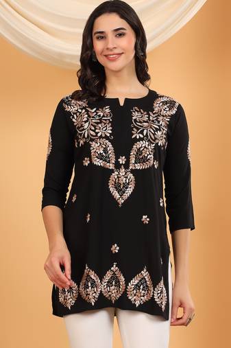 Women black ethnic motifs embroidered lucknowi chikankari short kurtis