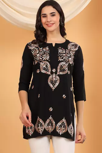 Women black ethnic motifs embroidered lucknowi chikankari short kurtis
