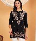 Women black ethnic motifs embroidered lucknowi chikankari short kurtis