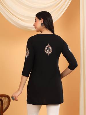 Women black ethnic motifs embroidered lucknowi chikankari short kurtis 2