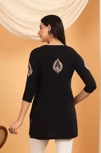 Women black ethnic motifs embroidered lucknowi chikankari short kurtis