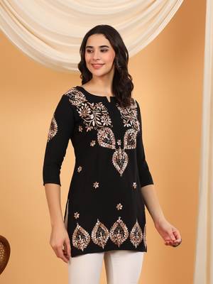 Women black ethnic motifs embroidered lucknowi chikankari short kurtis 3