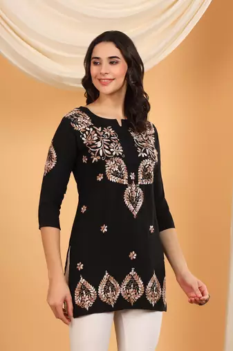 Women black ethnic motifs embroidered lucknowi chikankari short kurtis