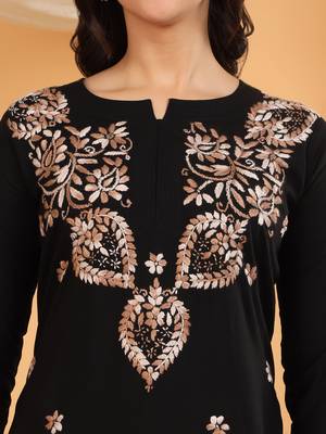 Women black ethnic motifs embroidered lucknowi chikankari short kurtis 4